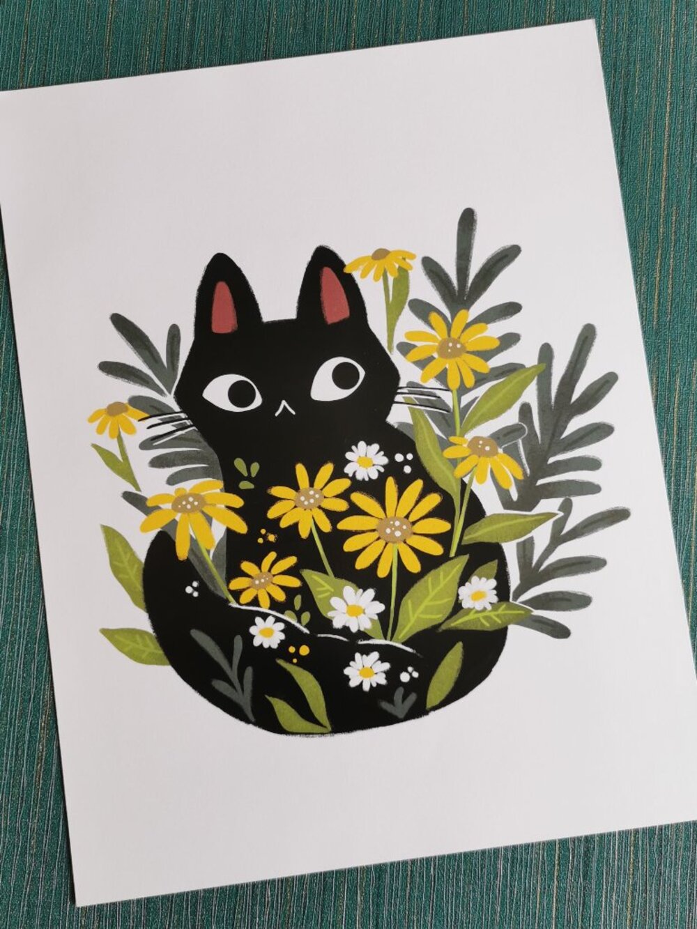 Cute Black Cat in Flowers 8x10 Art Print MichiScribbles Kitty Floral Cat Lover
